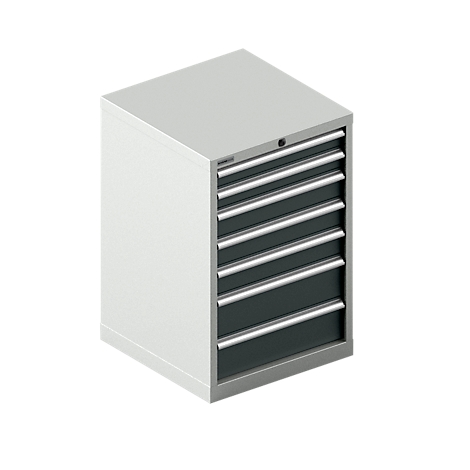 Armoire à outils grise avec sept tiroirs, isolée sur fond blanc.