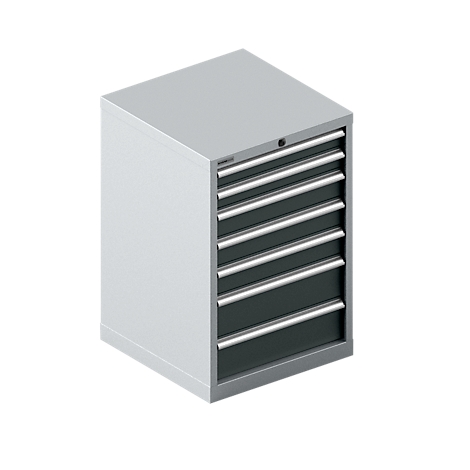 Armoire à outils grise avec six tiroirs. Les tiroirs ont des poignées argentées et sont fermés.