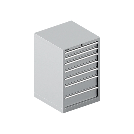 Armoire à outils grise avec sept tiroirs, isolée sur fond blanc.