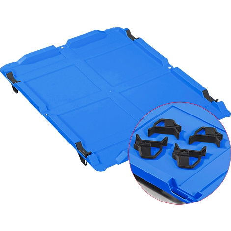 Blaue Kunststoff-Transportpalette mit vier schwarzen Eckelementen in einer kreisförmigen Detailansicht.