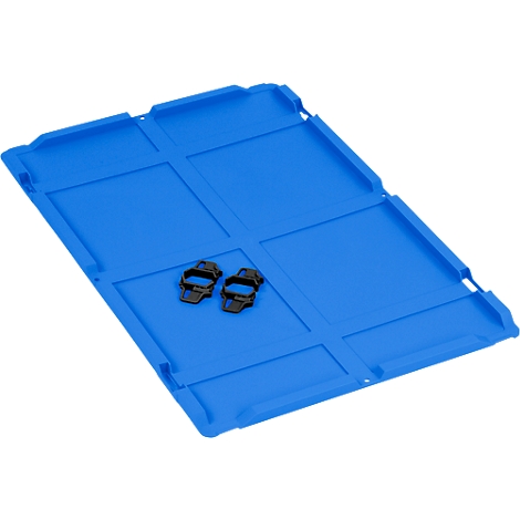 Blaue Kunststoff-Abdeckung mit vertieften Feldern und zwei kleinen schwarzen Clips in der Mitte vor weißem Hintergrund.