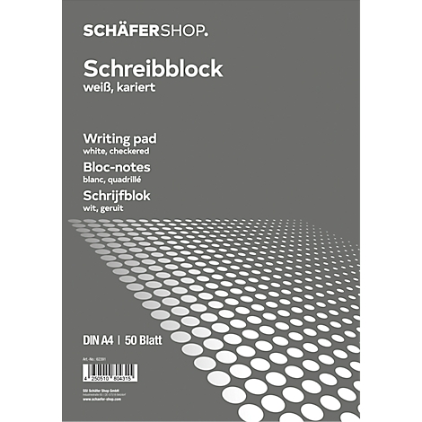 Bloc-notes gris avec papier blanc à carreaux. Inscription : Schreibblock, blanc, quadrillé, DIN A4, 50 feuilles.
