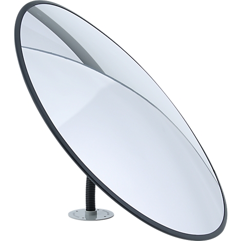 Een ronde, bolle verkeersspiegel met een zwarte rand op een korte, flexibele houder tegen een witte achtergrond.