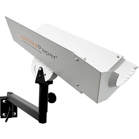 Distributeur de papier blanc monté sur un bras noir. Texte : activaPaper.