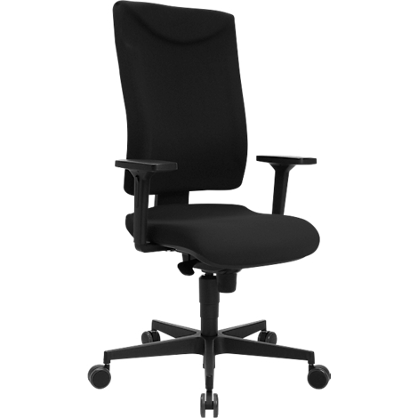 Schwarzer Bürostuhl mit Rückenlehne, Armlehnen und Rollen. Detaillierte Aufnahme.