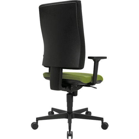 Bürostuhl von hinten, schwarze Rückenlehne, grüne Sitzfläche und schwarzes Gestell.