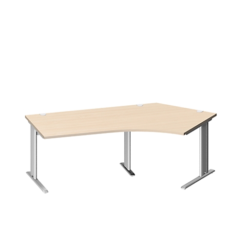 Un bureau d'angle avec un plateau en bois clair et des pieds argentés, sur fond blanc.
