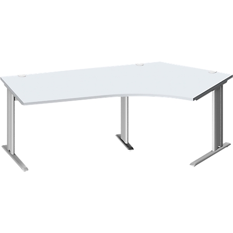 Bureau d'angle blanc avec pieds argentés sur fond blanc. Il y a des ouvertures rondes sur le plateau.