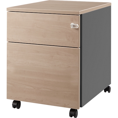 Petit caisson de bureau en bois beige à deux tiroirs, panneau arrière gris et roulettes.