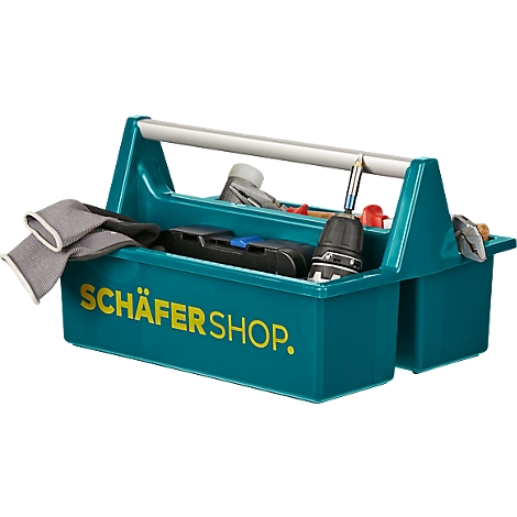 Teal toolbox with tools and print: SCHÄFER SHOP.