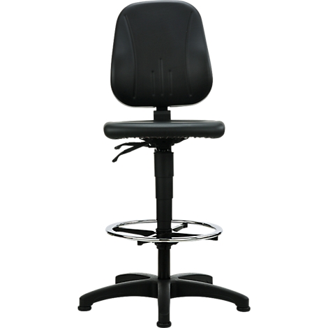 Chaise de travail noire réglable en hauteur avec repose-pieds et base en forme d'étoile.