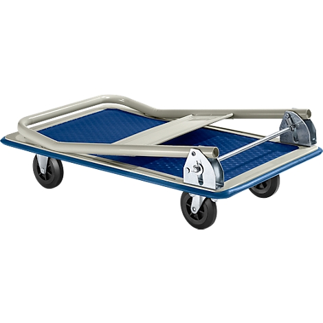 Chariot de transport bleu et pliable avec quatre roues noires et des barres métalliques argentées.