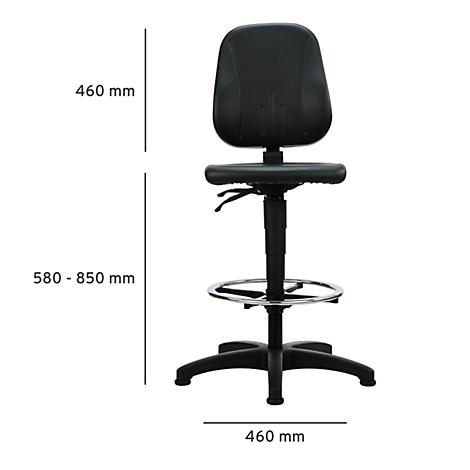 Tabouret de bar noir réglable en hauteur. Dimensions : 460 mm x 460 mm, hauteur 580 - 850 mm.