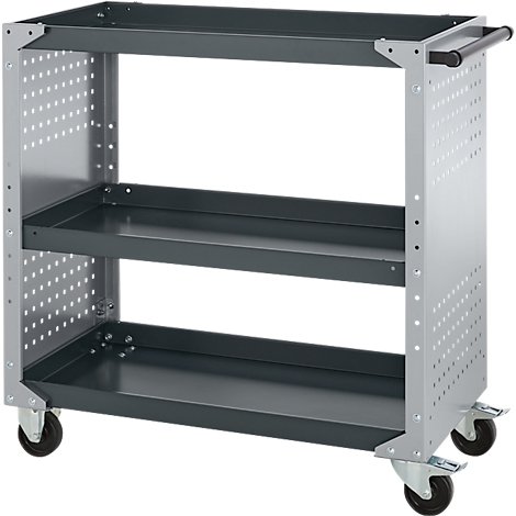 Chariot à outils gris avec trois étagères, roulettes et panneaux latéraux perforés.