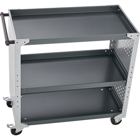 Chariot à outils gris avec trois étagères et roulettes.