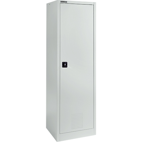 Tall, white cabinet with a door, black handle, and ventilation slots.