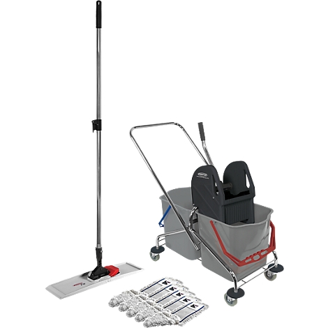 A cleaning cart with a mop and accessories. The cart has two buckets, a mop holder and several mop attachments.