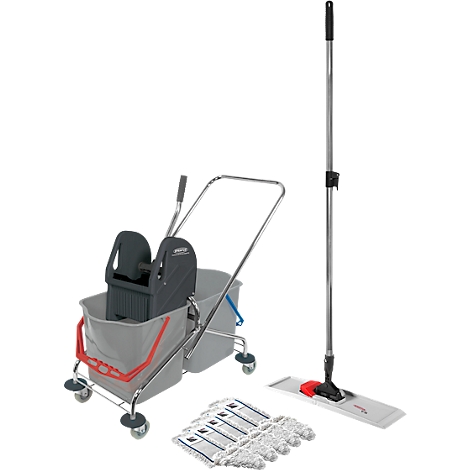 Complete mop set with bucket, mop, replacement mops. Bucket with wheels and wringing device. Mop with red holder and replacement pads.