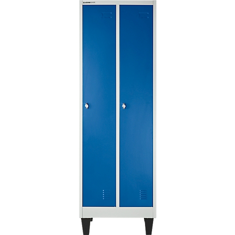 Blue locker, two-door, with silver handles, against a white frame. Standing on black feet.