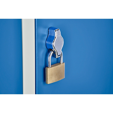 A padlock hangs on a blue cabinet door that can be opened.