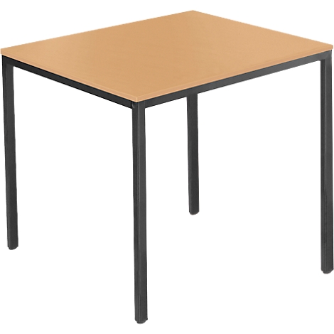 Rectangular table with light brown table top and black metal legs. The table stands against a neutral background.