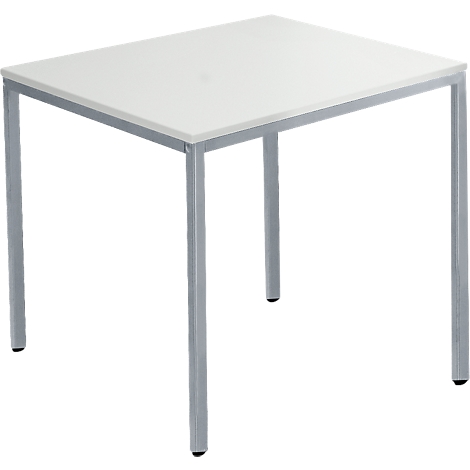 Square, white table with silver legs. The table legs are fitted with black plastic feet at the ends.