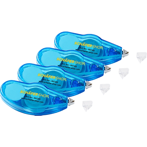 Four blue correction rollers with the lettering SCHÄFERSHOP. Next to them are white replacement tips.
