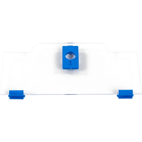 Panneau en plastique transparent avec des éléments de fixation bleus et un module de connexion bleu central.