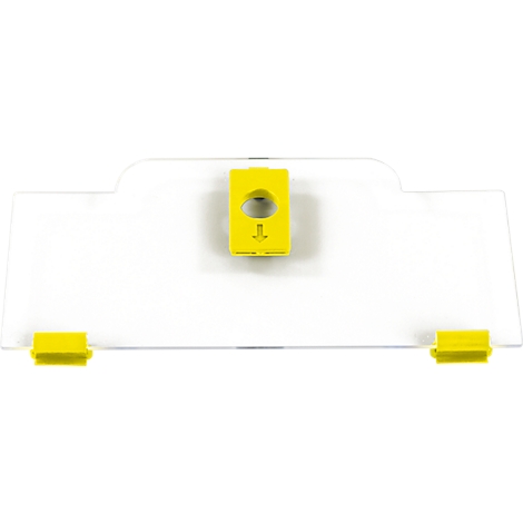 Écran de protection transparent avec clip jaune et deux pinces inférieures jaunes sur fond blanc.