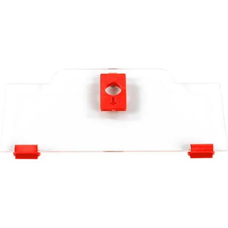 Plaque en plastique transparent avec fermeture et clips rouges sur fond blanc.