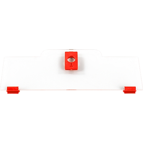 Plaque en plastique transparente avec un clip de retenue rouge central et deux supports de fixation latéraux rouges.