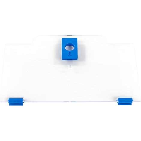 Transparente Kunststoffabdeckung mit blauen Halteelementen und einem mittigen blauen Aufsatz mit Pfeil.
