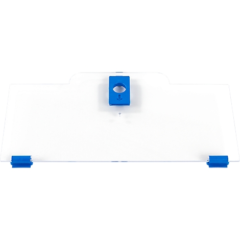 Transparant plastic spatbord met blauwe beugels tegen een witte achtergrond.