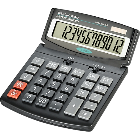A black calculator displaying the numbers 1 to 12. Many keys labeled with different functions. Text 'SSI-DK-208'.