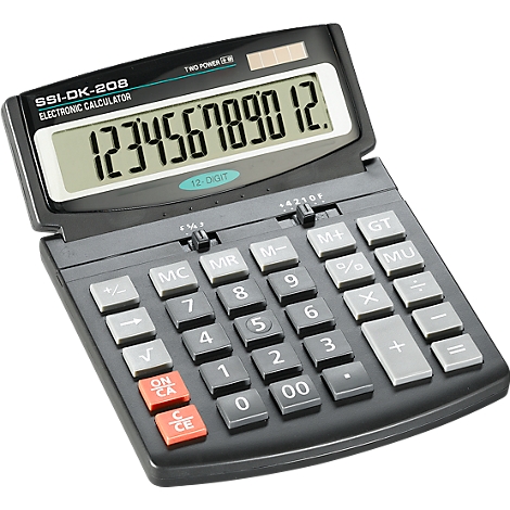 Black calculator displaying the number 123456789012. Buttons with numbers, calculation symbols and functions.