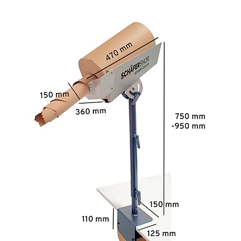 Un appareil gris avec un rouleau de papier fixé à une table. Le rouleau de papier est partiellement déroulé, avec des dimensions en mm.
