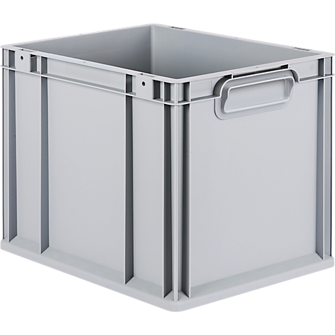 Eine graue, rechteckige Kunststoff-Stapelbox mit stabilen Seitenwänden und integrierten Griffen vor weißem Hintergrund.