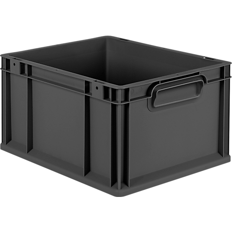 Dunkelgraue Kunststoff-Lagerbox mit verstärkten Kanten und seitlichen Griffmulden vor weißem Hintergrund.