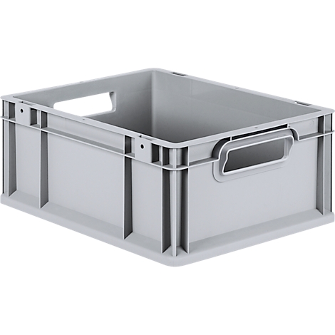 Graue, rechteckige Kunststoff-Transportbox mit offenen Griffen an den Seiten vor neutralem Hintergrund.