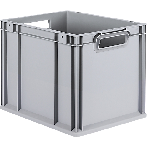 Graue, quadratische Kunststoff-Eurobox mit Griffmulden an den Seiten vor neutralem Hintergrund.