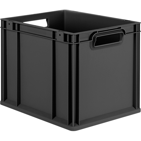 Dunkelgraue Kunststoff-Transportbox mit Griffmulden, vor neutralem Hintergrund.