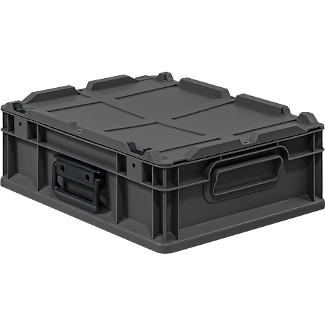 Eine dunkelgraue, rechteckige Kunststoff-Transportbox mit Deckel und seitlichen Griffen auf weißem Hintergrund.