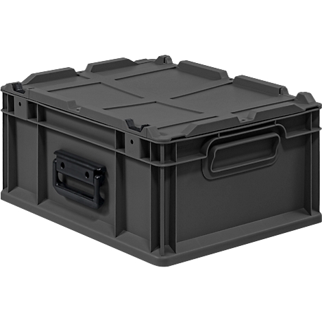 Eine dunkelgraue, rechteckige Kunststoff-Transportbox mit Deckel und seitlichen Griffen auf weißem Hintergrund.
