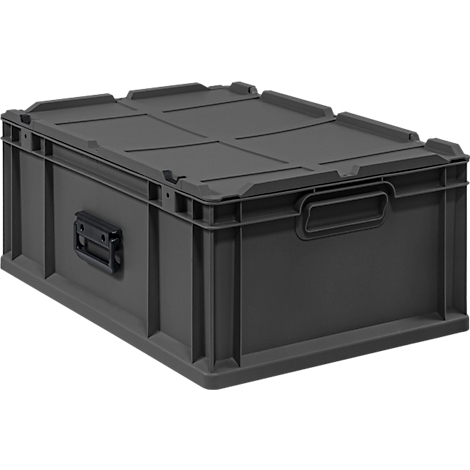 Eine dunkelgraue, rechteckige Kunststoff-Stapelbox mit Deckel und seitlichen Griffen vor weißem Hintergrund.