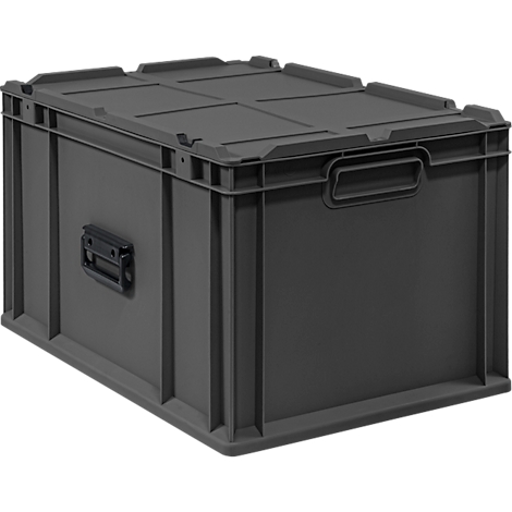 Dunkelgraue Kunststoff-Transportbox mit Deckel, Griffen an den Seiten und verstärkter Struktur.