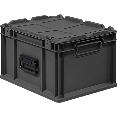 Donkergrijze kunststof transportbox met deksel en zijhandgrepen voor een witte achtergrond.