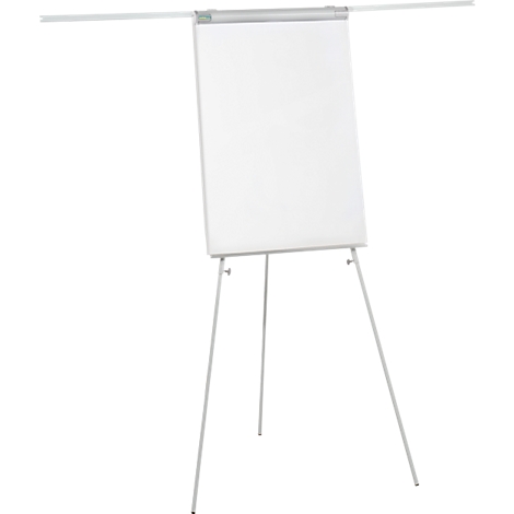 A white flipchart on a tripod stand. A bar at the top for attachment, pen tray.