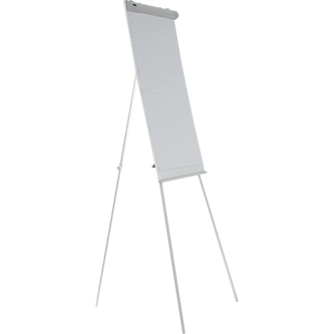 A white flip chart on a white tripod stand. The paper is blank and lined.