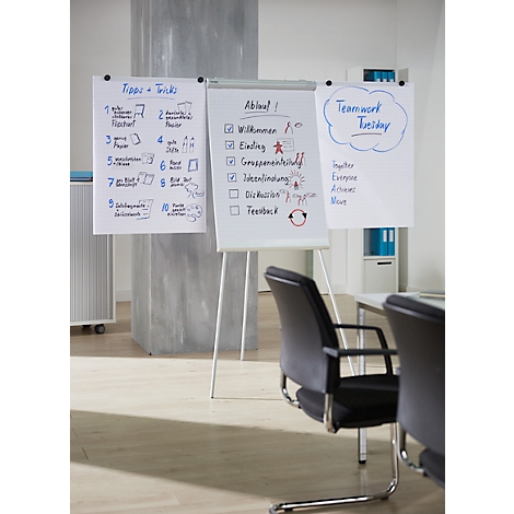 Three flip charts with notes in an office. Inscription: Tips + Tricks, Procedure, Teamwork Tuesday.