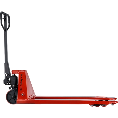 Roter Palettenhubwagen im Profil, schwarzer Griff, Räder und Text "SCHÄFER-SHOP".